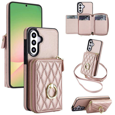 Crossbody Rhombic Ring Holder Zipper Wallet RFID Phone Case, For Galaxy A36 5G / A37 5G
