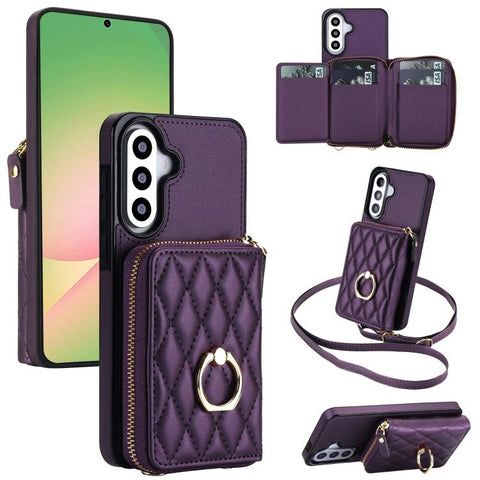Crossbody Rhombic Ring Holder Zipper Wallet RFID Phone Case, For Galaxy A36 5G / A37 5G