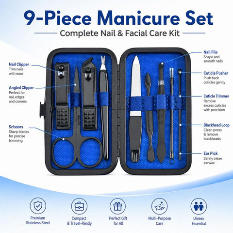 9pcs/Set Portable Stainless Steel Nail Clipper Manicure Tool Set