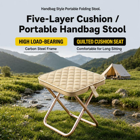 Thickened Padded Handbag Style Portable Folding Stool, Khaki, Black, Grey