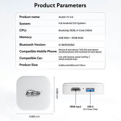 MMB WJAN-TV 2.0 Car AI Box Wired to Wireless Android Auto CarPlay Adapter, WJAN-TV 2.0