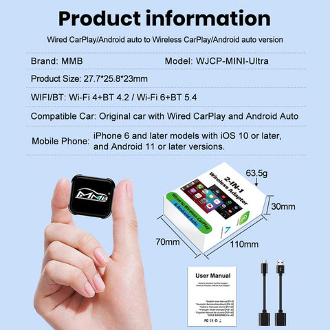 MMB 2 in 1 Car Smart Box Wired to Wireless Android Auto CarPlay Adapter, WJCP-MINI-Ultra (Orange), WJCP-MINI-Ultra (Black)