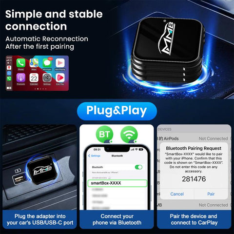 MMB 2 in 1 Car Smart Box Wired to Wireless Android Auto CarPlay Adapter, WJCP-MINI-Ultra (Orange), WJCP-MINI-Ultra (Black)