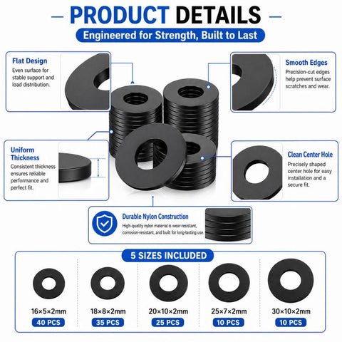 Black Nylon Flat Washer Insulating Round Spacers, 120 pcs Black