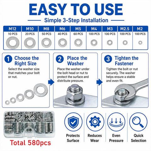 M2-M12 Flat Washer Insulating Round Spacers Suitable for Home use, M2 - M12 580 pcs