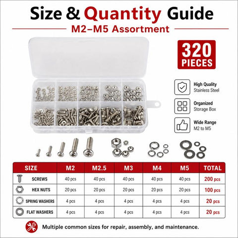 Hexagonal Nuts and Bolts 320PCS / Set, M2-M5 320PCS