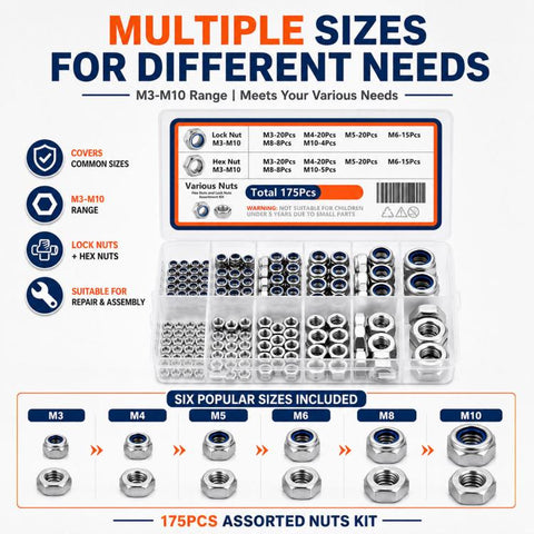175PCS Lock Nuts and Hexagonal Nut Plug Set, M8 175PCS