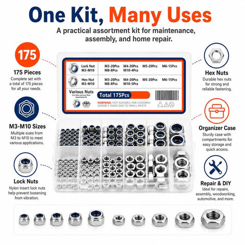 175PCS Lock Nuts and Hexagonal Nut Plug Set, M8 175PCS