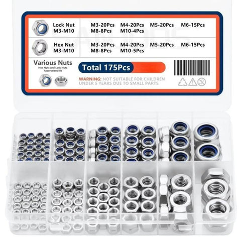 175PCS Lock Nuts and Hexagonal Nut Plug Set, M8 175PCS