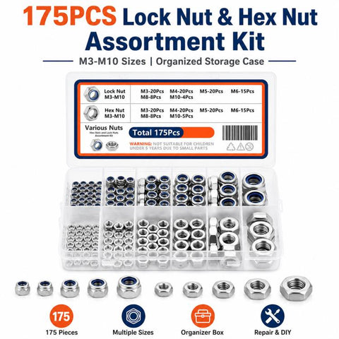 175PCS Lock Nuts and Hexagonal Nut Plug Set, M8 175PCS