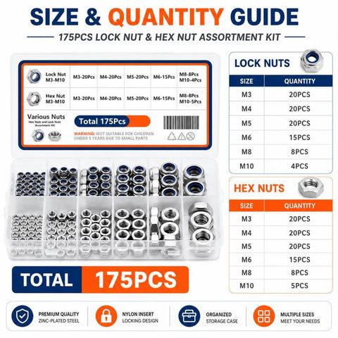 175PCS Lock Nuts and Hexagonal Nut Plug Set, M8 175PCS