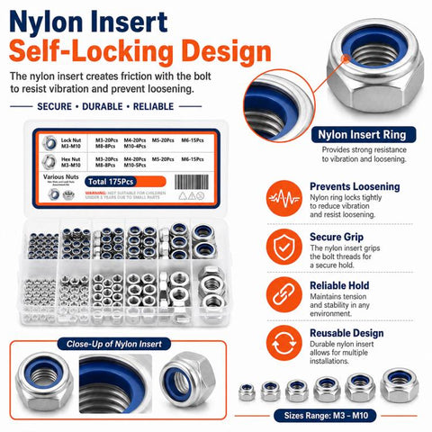 175PCS Lock Nuts and Hexagonal Nut Plug Set, M8 175PCS
