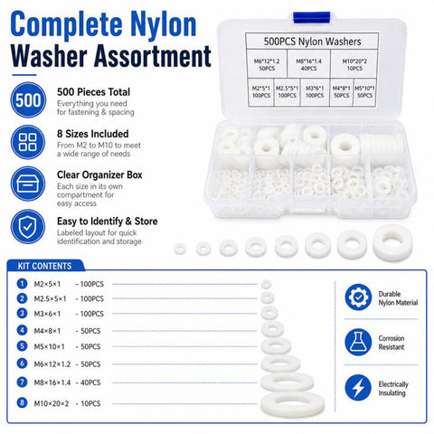 500PCS Nylon Flat Washer Insulating Round Spacers, 500PCS White