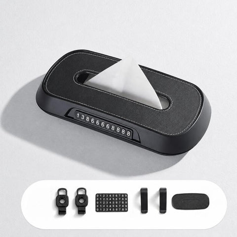 Car Tissue Box with Temporary Parking Phone Number Card, Leather