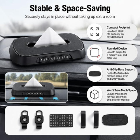 Car Tissue Box with Temporary Parking Phone Number Card, Leather