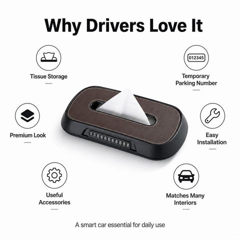 Car Tissue Box with Temporary Parking Phone Number Card, Leather