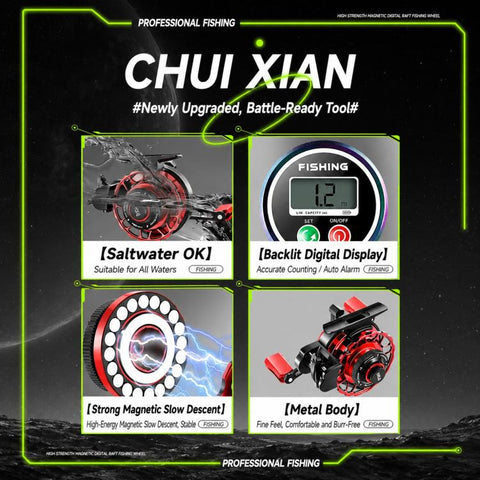 Magnetic Slow Descent Saltwater Raft Fishing Metal Reel, Basic-Left, Basic-Right, Line Guide-Left, Line Guide-Right, Digital Display & Line Guide-Left, Digital Display & Line Guide-Right