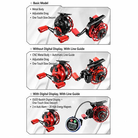 Magnetic Slow Descent Saltwater Raft Fishing Metal Reel, Basic-Left, Basic-Right, Line Guide-Left, Line Guide-Right, Digital Display & Line Guide-Left, Digital Display & Line Guide-Right