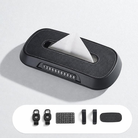 Car Tissue Box with Temporary Parking Phone Number Card, Suede Reflective