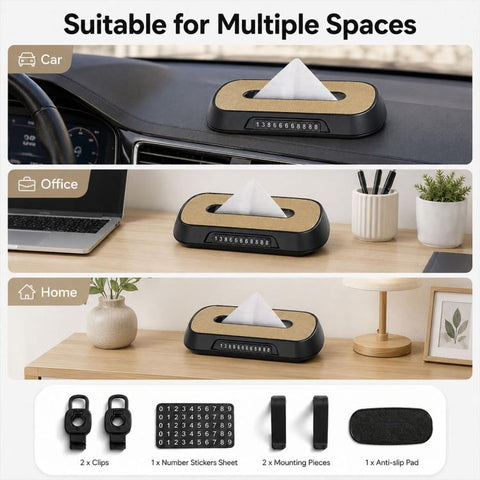 Car Tissue Box with Temporary Parking Phone Number Card, Suede Reflective