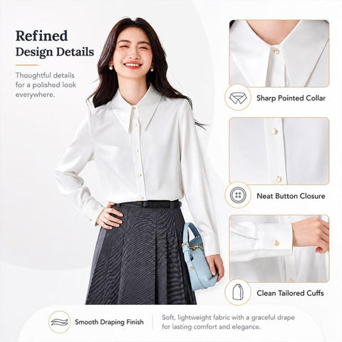 Women Pointed Collar Satin Long Sleeve Blouse, S, M, L, XL, XXL