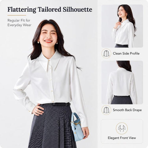 Women Pointed Collar Satin Long Sleeve Blouse, S, M, L, XL, XXL