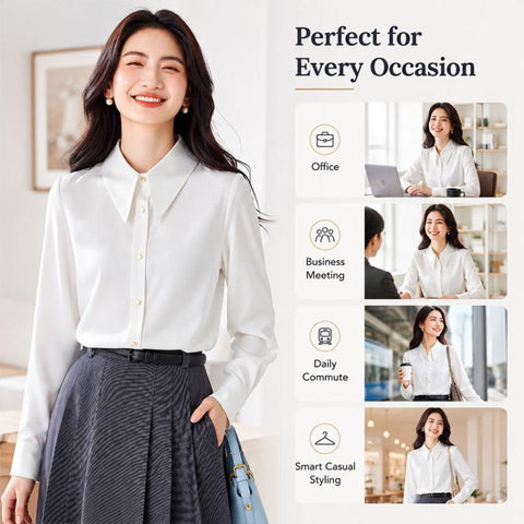 Women Pointed Collar Satin Long Sleeve Blouse, S, M, L, XL, XXL