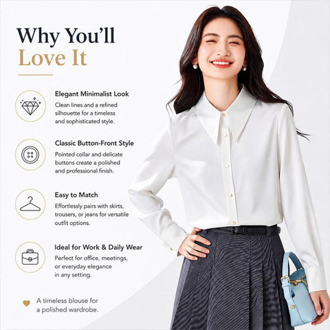 Women Pointed Collar Satin Long Sleeve Blouse, S, M, L, XL, XXL