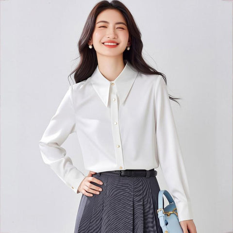 Women Pointed Collar Satin Long Sleeve Blouse, S, M, L, XL, XXL