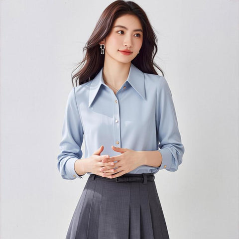 Women Pointed Collar Satin Long Sleeve Blouse, S, M, L, XL, XXL
