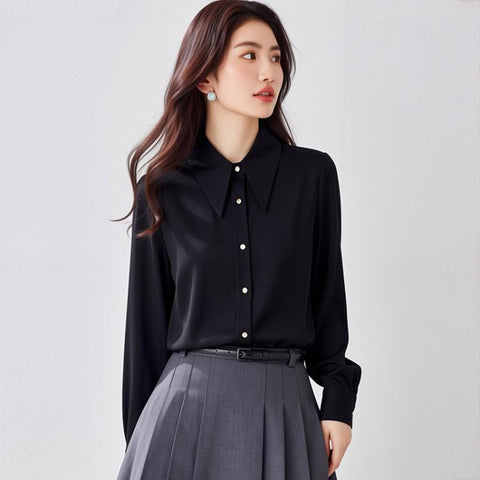 Women Pointed Collar Satin Long Sleeve Blouse, S, M, L, XL, XXL