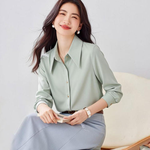 Women Pointed Collar Satin Long Sleeve Blouse, S, M, L, XL, XXL