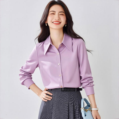 Women Pointed Collar Satin Long Sleeve Blouse, S, M, L, XL, XXL