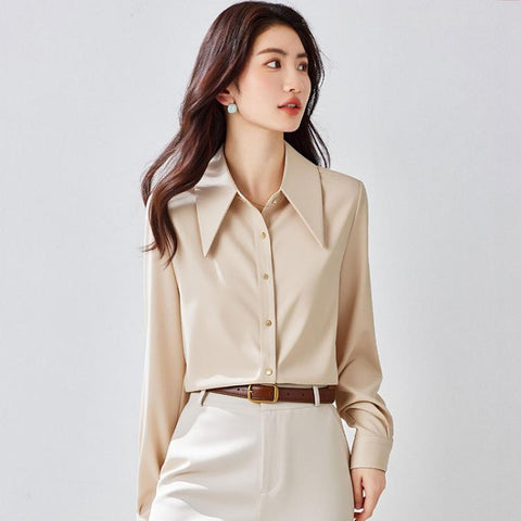 Women Pointed Collar Satin Long Sleeve Blouse, S, M, L, XL, XXL