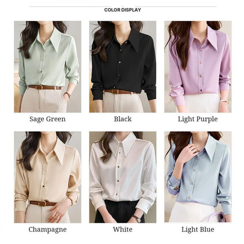 Women Pointed Collar Satin Long Sleeve Blouse, S, M, L, XL, XXL
