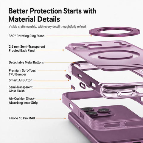 QN2 Skin-Friendly AirBag Magnetic Shockproof Phone Case with 360 Rotation Holder, For iPhone 18 Pro, For iPhone 18 Pro Max, For iPhone 17 Pro Max, For iPhone 17 Pro