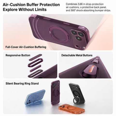 QN2 Skin-Friendly AirBag Magnetic Shockproof Phone Case with 360 Rotation Holder, For iPhone 18 Pro, For iPhone 18 Pro Max, For iPhone 17 Pro Max, For iPhone 17 Pro
