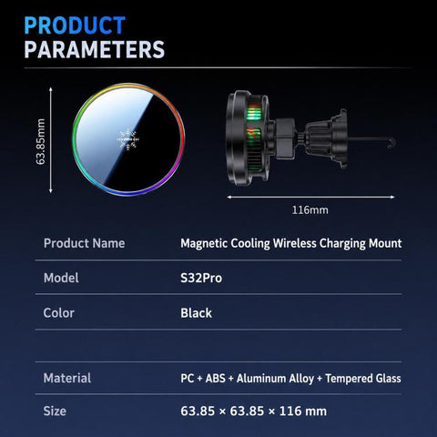 Magnetic Cooling 25W Wireless Fast Charger Car Air Outlet Holder, S32 Pro