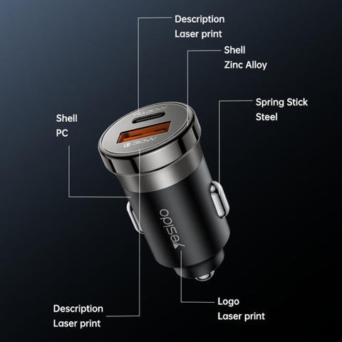 Yesido Y72 30W USB-A Type-C Dual Ports Car Charger with Type-C to Type-C Cable, Y72
