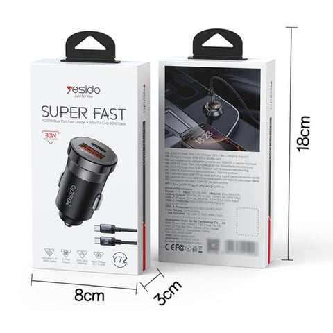 Yesido Y72 30W USB-A Type-C Dual Ports Car Charger with Type-C to Type-C Cable, Y72