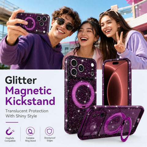 Glitter 360 Rotation Magnetic Holder Phone Case, For iPhone 18 Pro, For iPhone 18 Pro Max, For iPhone 17 Pro Max, For iPhone 17 Pro, For iPhone 17, For iPhone 16 Pro Max