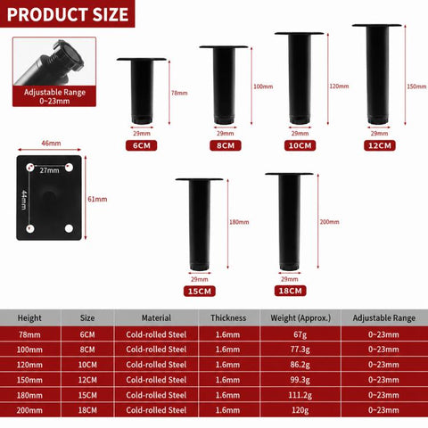 Simple Height-Adjustable Furniture Support Legs for Sofas and Coffee Tables, 78mm, 100mm, 120mm, 150mm, 180mm, 200mm
