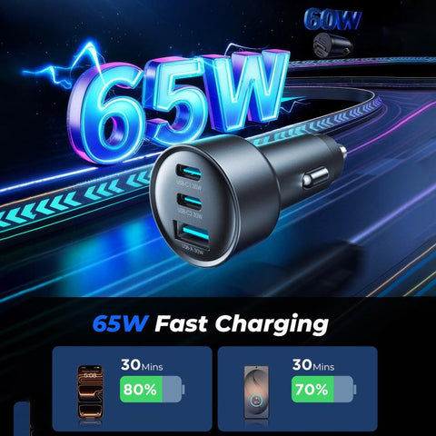 JOYROOM JR-CCN19 65W 3-in-1 Type-C x 2, USB-A Car Charger