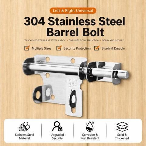 304 Stainless Steel Slide Bolt Latch, Heavy-Duty Barrel Bolt Door Lock, 4 inch, 6 inch, 8 inch