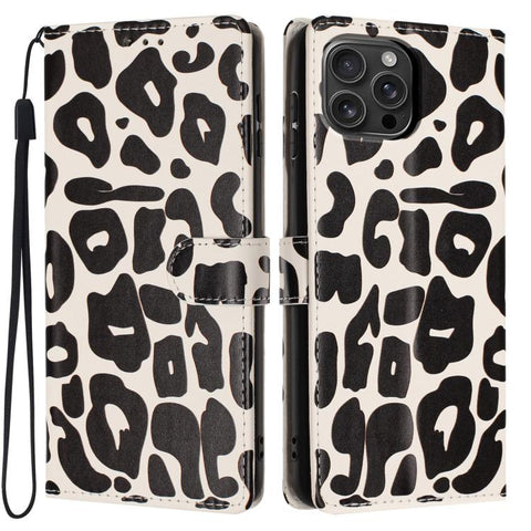 Leopard Print Wallet Vegan Leather Phone Case with Lanyard, For iPhone 18 Pro, For iPhone 18 Pro Max, For iPhone 17e / 16e, For iPhone 17 Pro Max, For iPhone 17 Pro, For iPhone 17, For iPhone Air, For iPhone 16 Pro Max