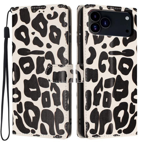 Leopard Print Wallet Vegan Leather Phone Case with Lanyard, For iPhone 18 Pro, For iPhone 18 Pro Max, For iPhone 17e / 16e, For iPhone 17 Pro Max, For iPhone 17 Pro, For iPhone 17, For iPhone Air, For iPhone 16 Pro Max