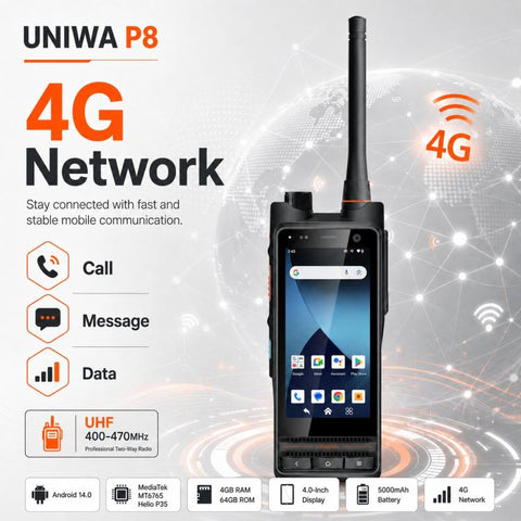 UNIWA P8 UHF Walkie-Talkie Rugged Phone, 4GB+64GB, 4.0 inch Android 14.0 Mediatek MT6762 Octa Core, Network: 4G, OTG, EU Plug, US Plug, UK Plug, AU Plug