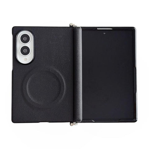 Side Clamp Central Axis Morandi Solid Color Leather Texture Magnetic Phone Case, For Galaxy Z Fold8 5G