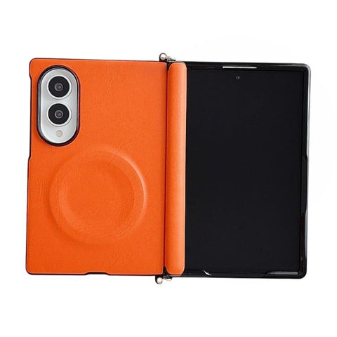 Side Clamp Central Axis Morandi Solid Color Leather Texture Magnetic Phone Case, For Galaxy Z Fold8 5G