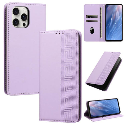Embossed Meander Pattern RFID Vegan Leather Phone Case, For iPhone 15 Pro, For iPhone 15 Plus / 14 Plus, For iPhone 15, For iPhone 14 / 13, For iPhone 14 Pro Max, For iPhone 14 Pro